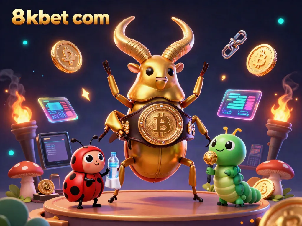 Engage with 8xbet com's vibrant gambling world featuring a golden stag beetle champion in an exciting casino showdown.