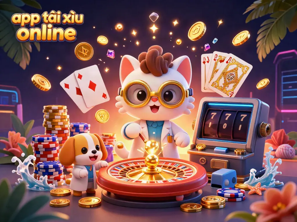 Engage with the app tài xỉu online through a vibrant 3D illustration showcasing animated casino elements.