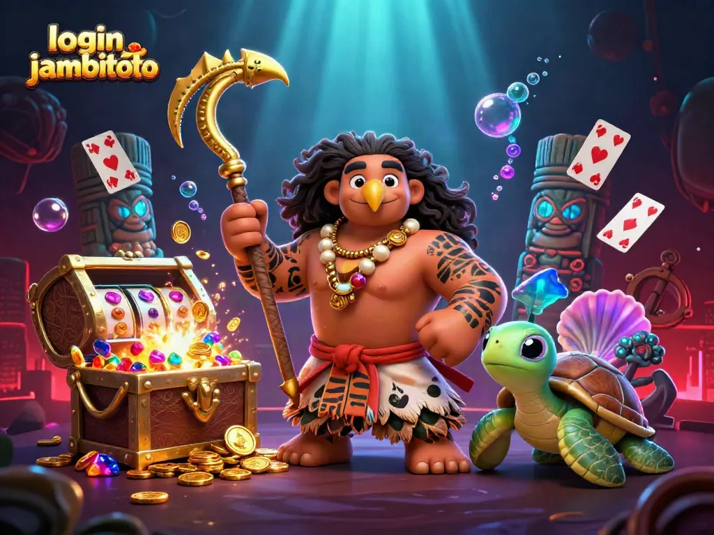 Engaging illustration showing "login jambitoto" with vibrant casino elements and animated characters for online gaming.