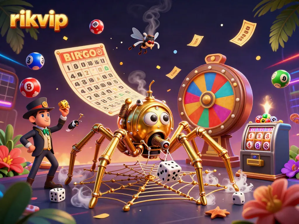 Experience thrilling gameplay at rikvip with a steampunk spider securing golden winnings and colorful lottery elements.
