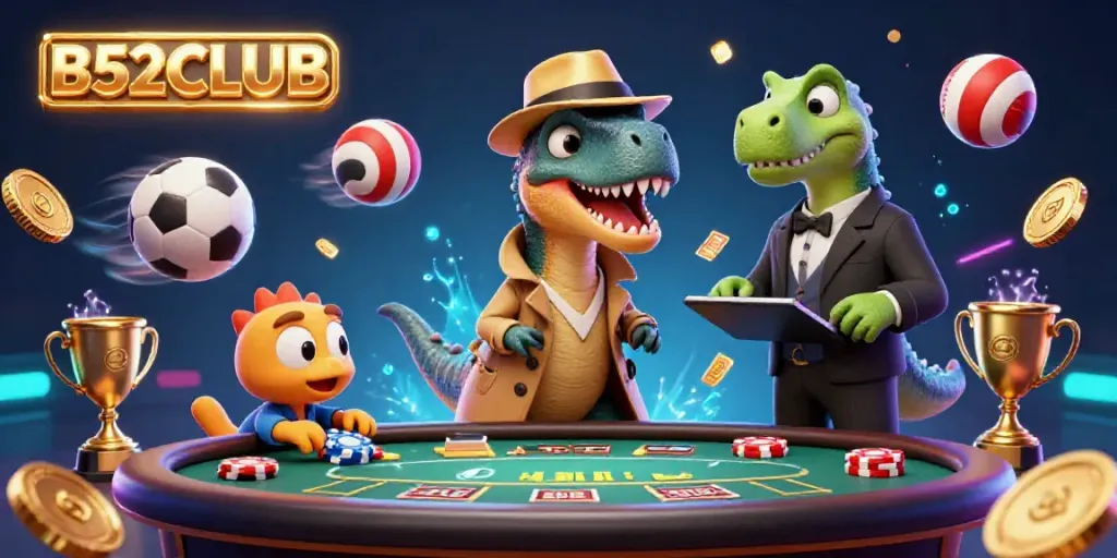 B52CLUB: Velociraptor at blackjack table surrounded by sports elements and a pit boss.