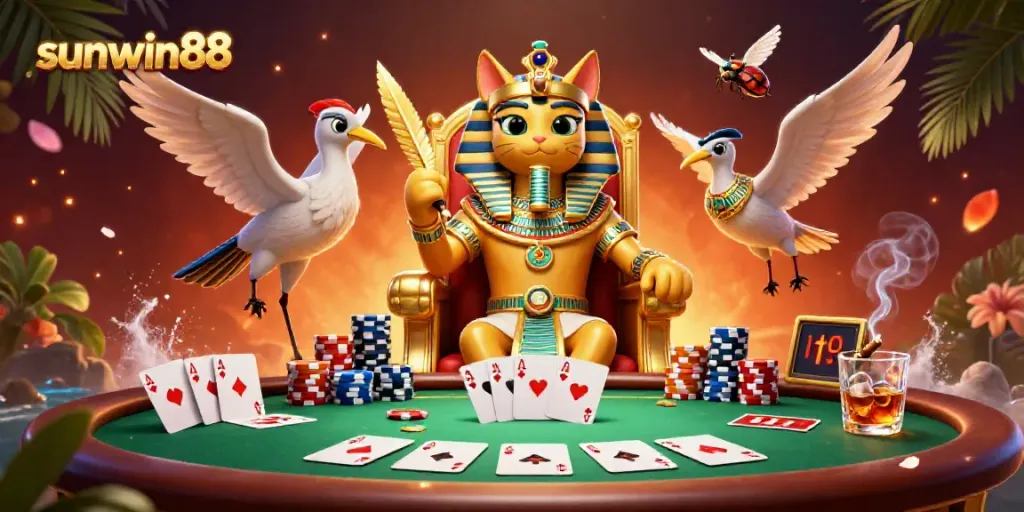Experience the excitement at sunwin88 casino with a dynamic 3D illustration featuring a royal cat and scribe amidst poker elements.