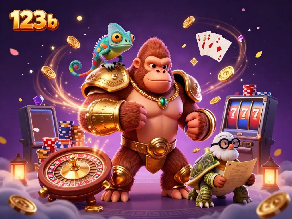 Join the excitement of 123 b with vibrant casino graphics showcasing lively characters and gaming elements.
