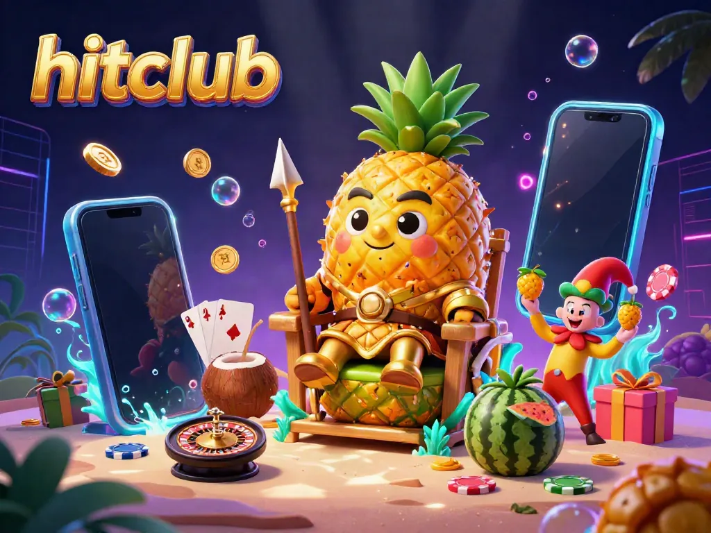 Engage with hitclub's vibrant casino scene featuring a pineapple king, energetic game elements, and rich visual effects.