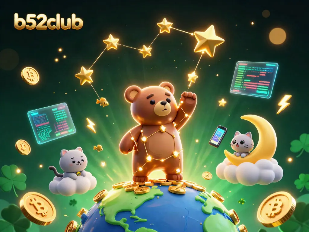 Engage with b52clubb in an immersive casino experience featuring a constellation bear scooping coins.