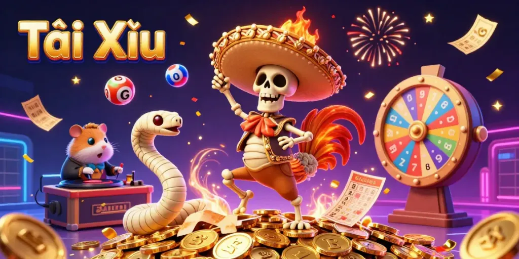 Celebrate your wins in Tài Xỉu with a vibrant, dynamic illustration of festive characters and casino elements.