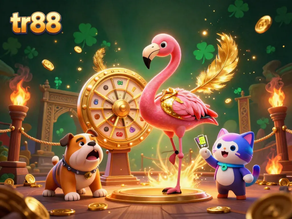 Spin the giant prize wheel at tr88 with a flamingo host, bulldog contestant, and cat assistant revealing prizes.
