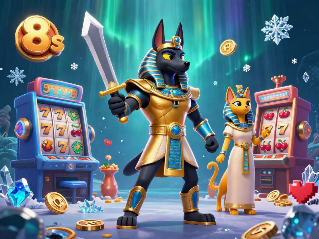 Experience thrilling wins with 8s in a dazzling casino scene featuring Anubis and Bastet.