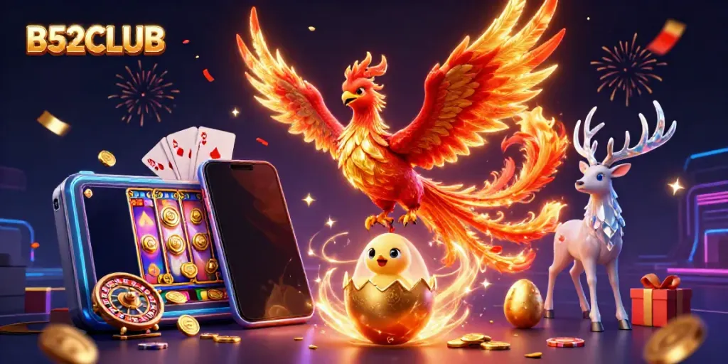B52CLUB exciting gameplay featuring a phoenix and stag amidst vibrant slot game elements