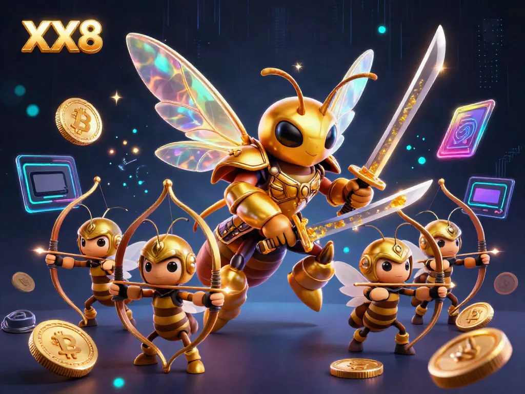 Experience the thrilling buzz of gaming with XX8, featuring a golden hornet in samurai armor amidst a digital casino scene.