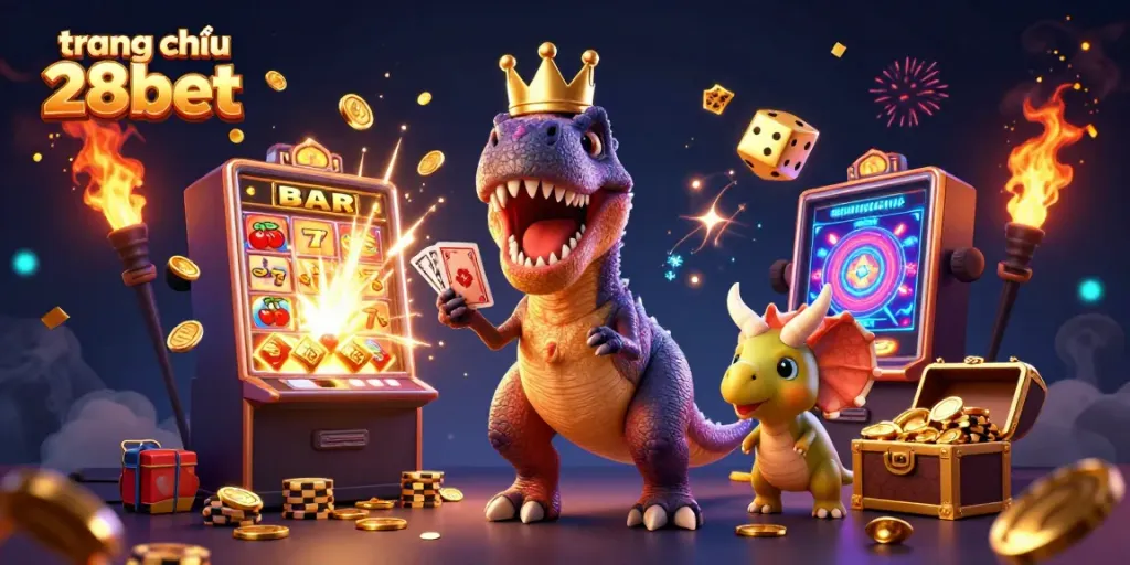 Feel the excitement at trang chủ 28bet, where T-Rex, Pterodactyl, and Triceratops bring playful energy to a vibrant casino scene filled with jackpots and colorful games.