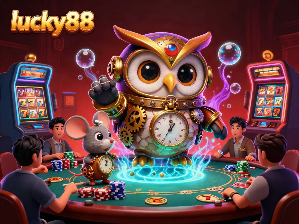 Engage in thrilling casino action at lucky88 with a vibrant steampunk owl and colorful slot machines.