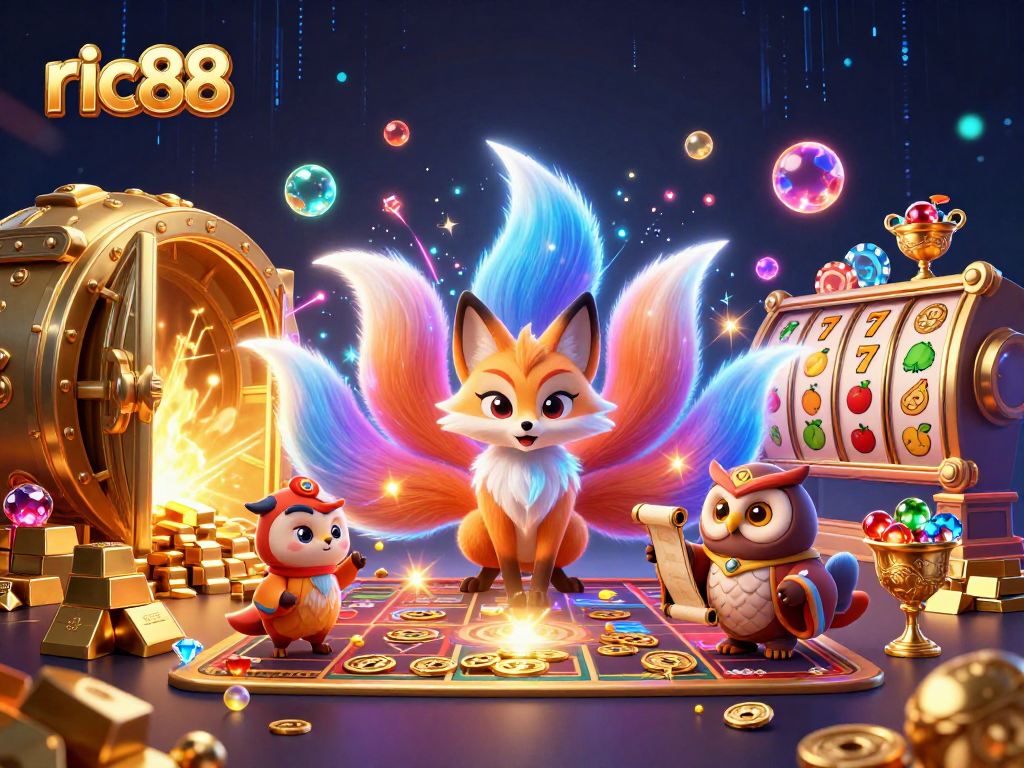Engage with ric88's thrilling slot experience in an enchanting 3D casino scene.