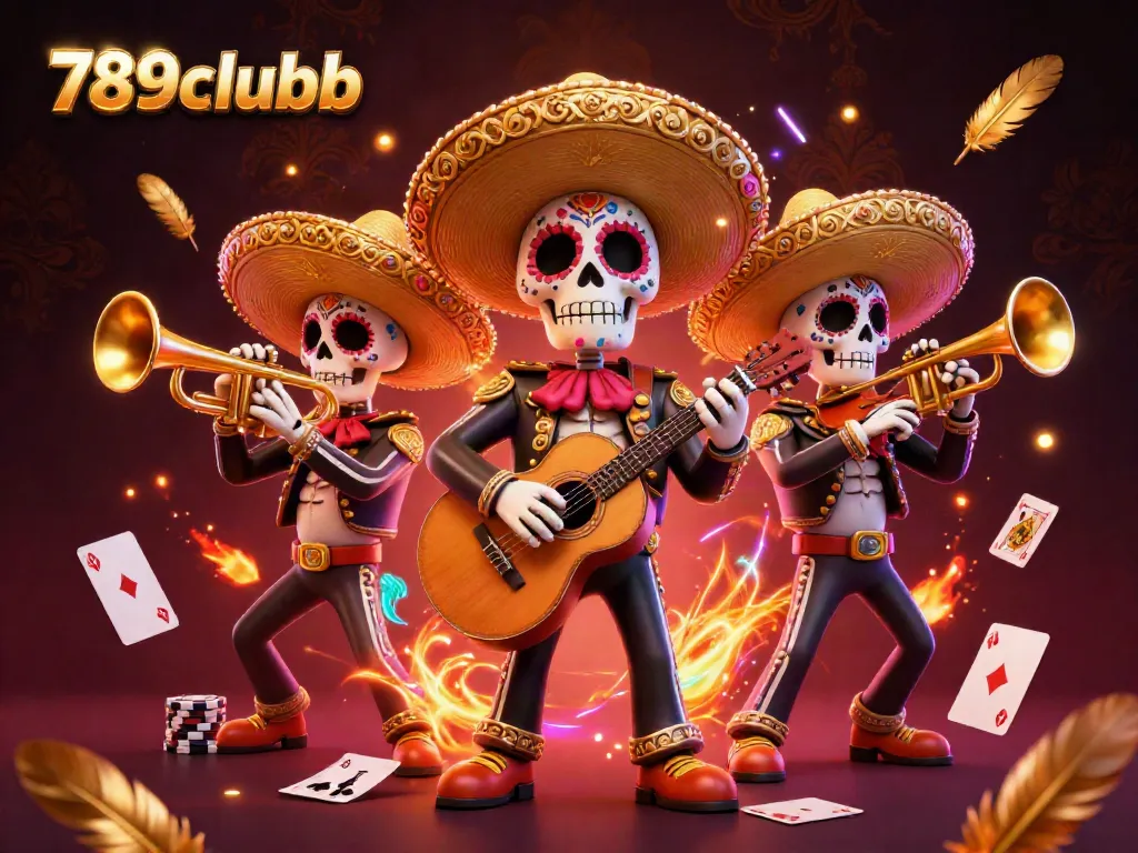 Engage in thrilling action with 789clubb's vibrant Dia de los Muertos gaming illustration, featuring colorful mariachis and poker elements.