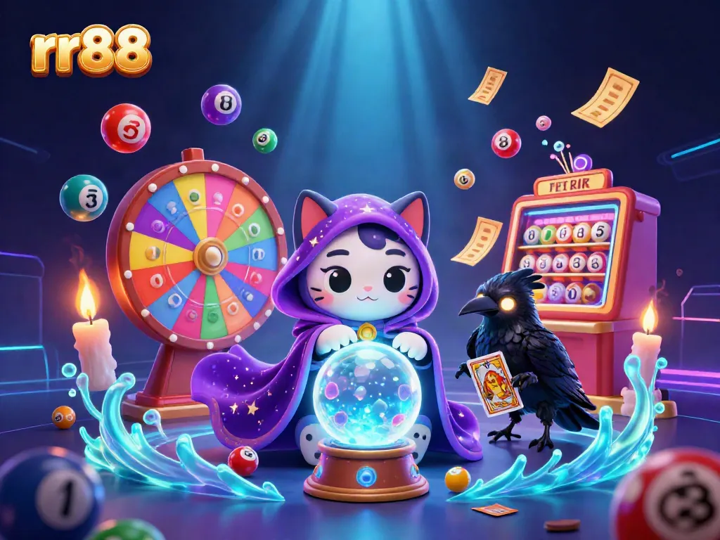 Experience the magic of rr88 with a delightful fortune teller cat and vibrant lottery elements.