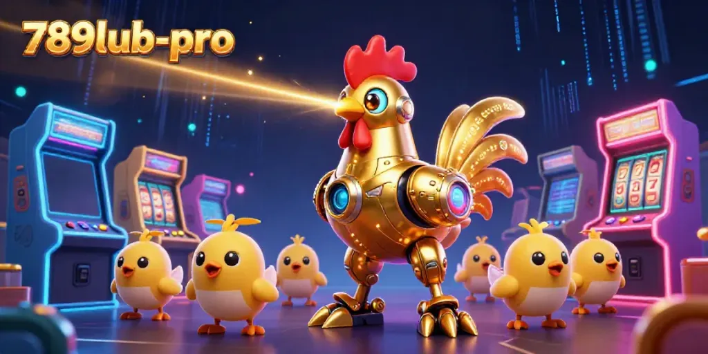 Engage with 789lub-pro's colorful retro-futuristic casino adventure featuring a golden rooster robot.