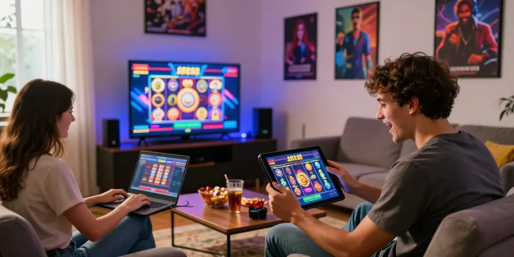 Group playing slot88 online games on various devices in a cozy setting.