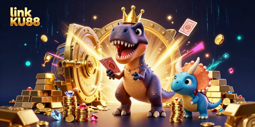 Engage in vibrant gambling fun at link KU88 with a playful T-Rex, pterodactyl, and triceratops illustration.