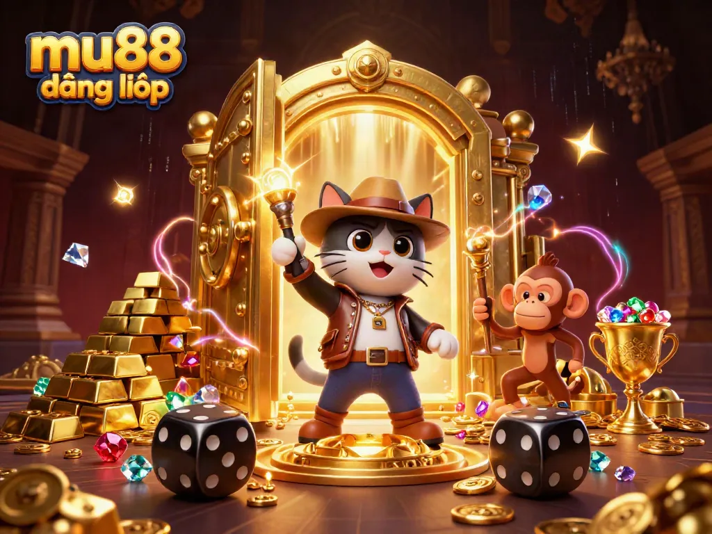 Engage with mu88 đăng nhập through a thrilling 3D casino adventure illustration featuring a cat explorer and treasures.