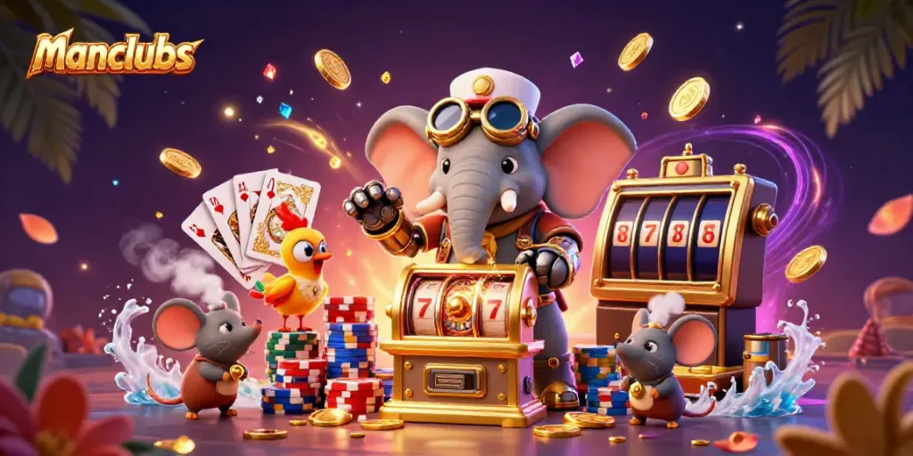 Experience thrilling gameplay at manclubs with a steampunk elephant operating a golden slot machine.