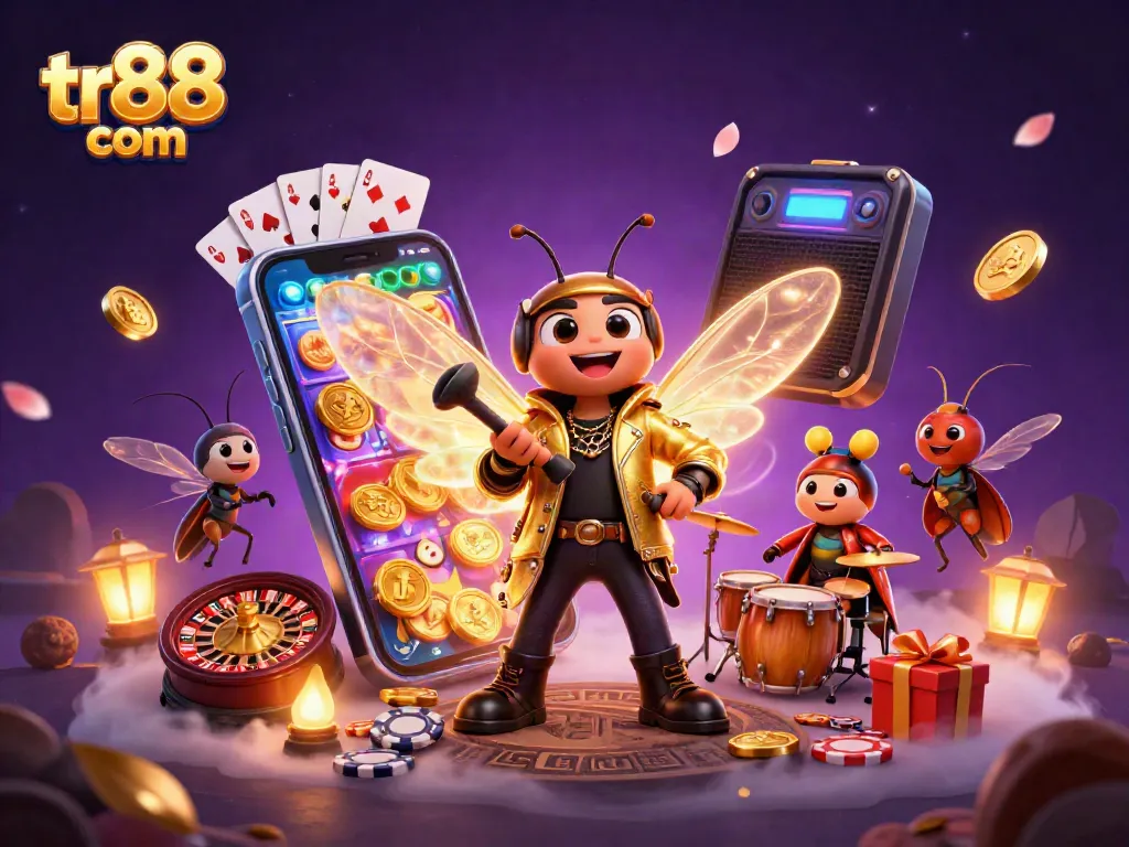 Play thrilling slots at tr88 com with a vibrant scene featuring a cicada rock star, golden coins, and exciting game elements.