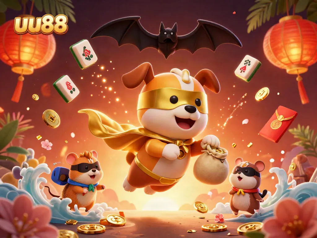 Experience the excitement of uu88 with a superhero dog and vibrant casino elements in dynamic illustration.
