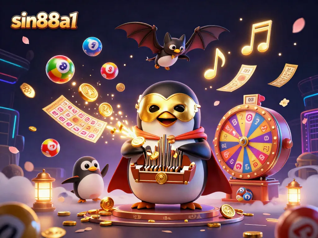 Experience exciting gameplay at sin88a1 with vibrant lottery action featuring a colorful cartoon penguin.