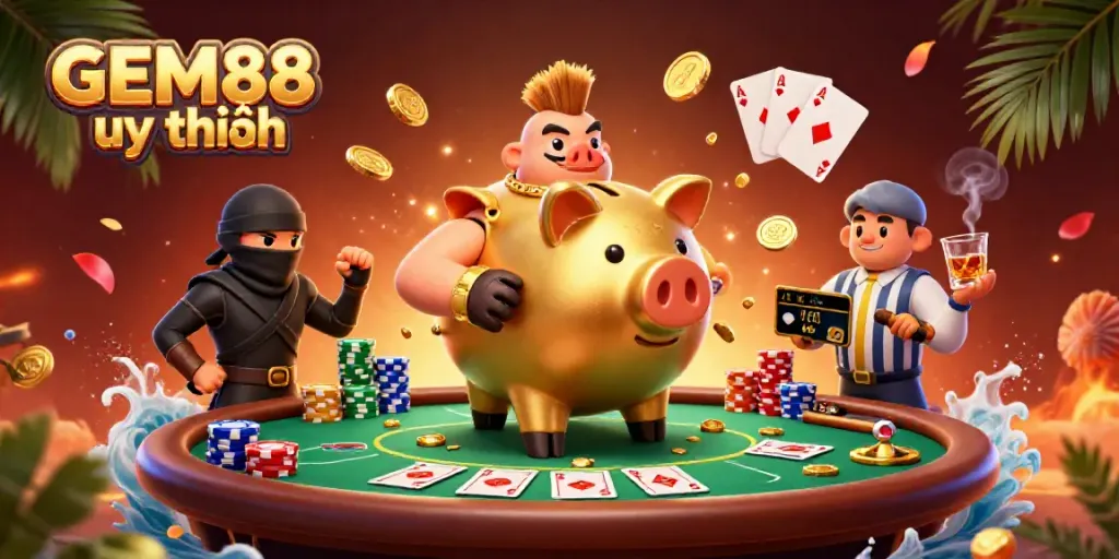 Engaging GEM88 uy tín illustration featuring a sumo wrestler and ninja amidst vibrant casino elements.