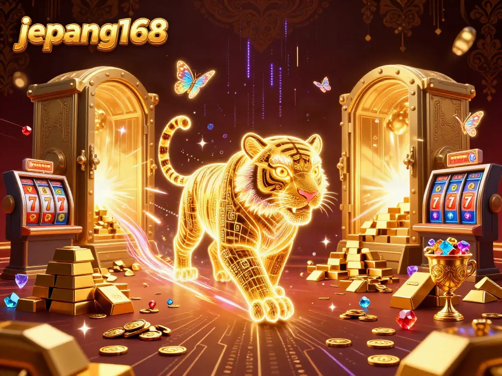 Experience the vibrant energy of gambling with Jepang168 featuring a neon golden tiger in a casino landscape.