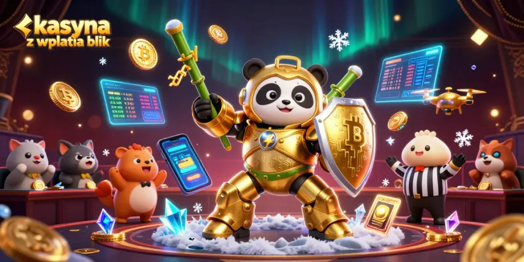 Experience the thrill of kasyna z wplata blik with golden panda piloting a mech in a vibrant casino scene.