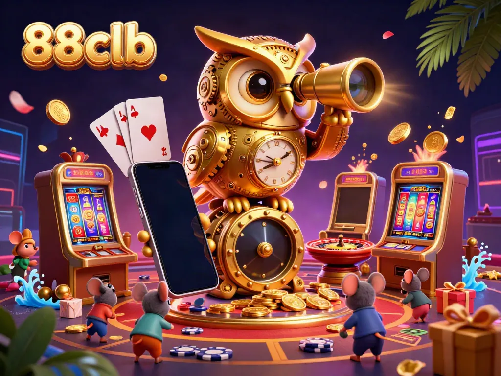 Engage in thrilling gameplay at 88clb with an exciting casino scene featuring an owl and lively slot games.