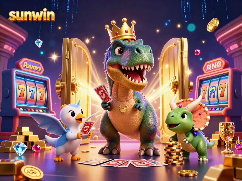 Experience the thrill at sunwin with animated characters engaging in a lively casino scene.