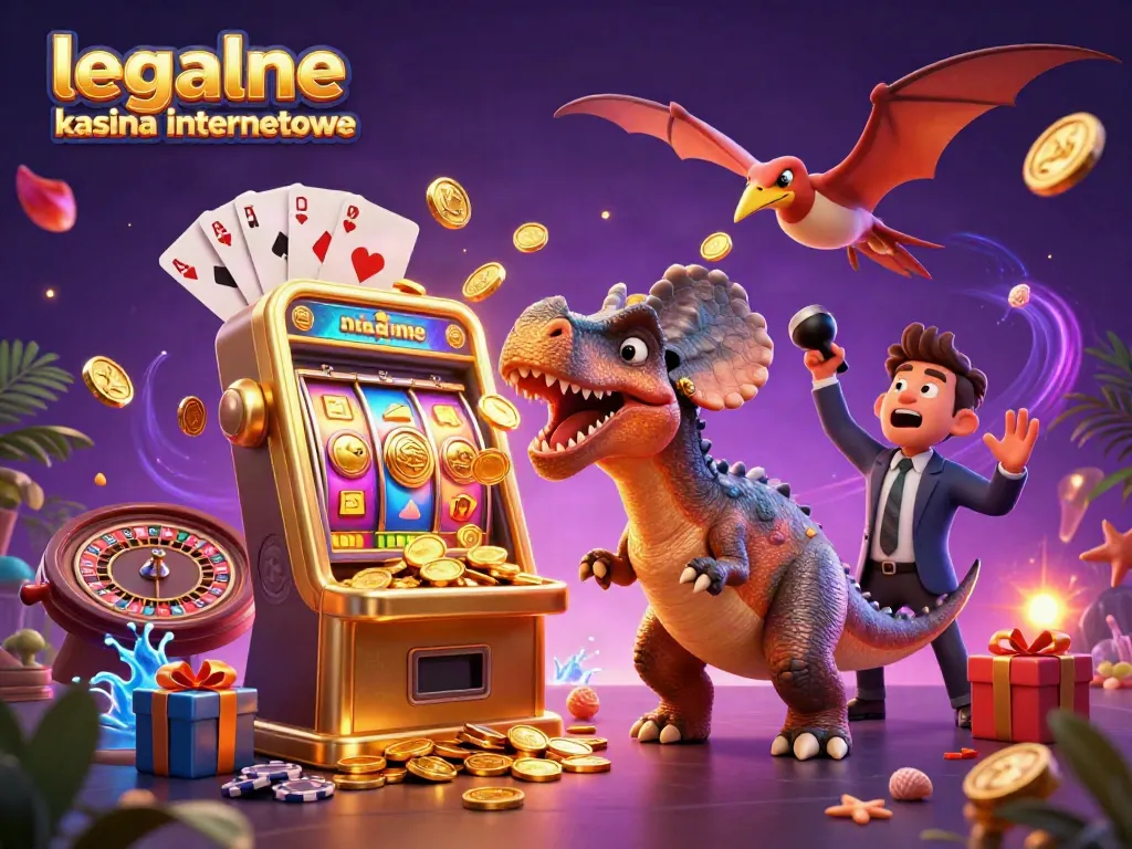 Engage with legalne kasyna internetowe through a thrilling jackpot scene featuring animated dinosaurs.