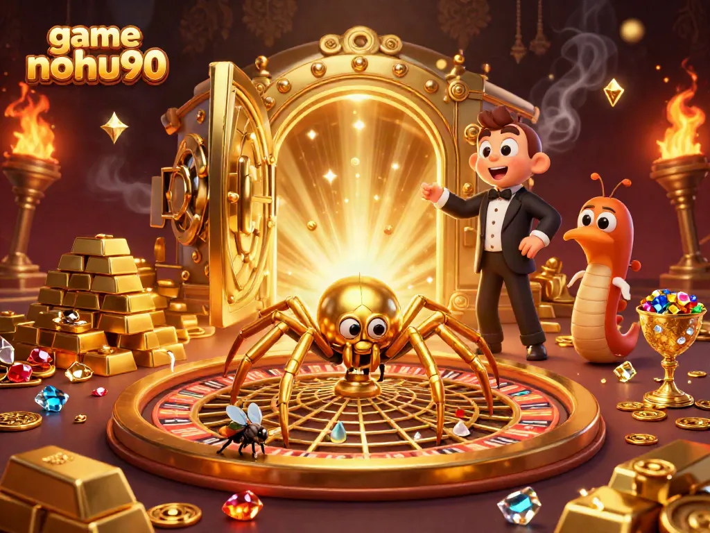 Engaging scene showcasing the game nohu90 with a golden spider, roulette wheel, and thrilling casino elements.