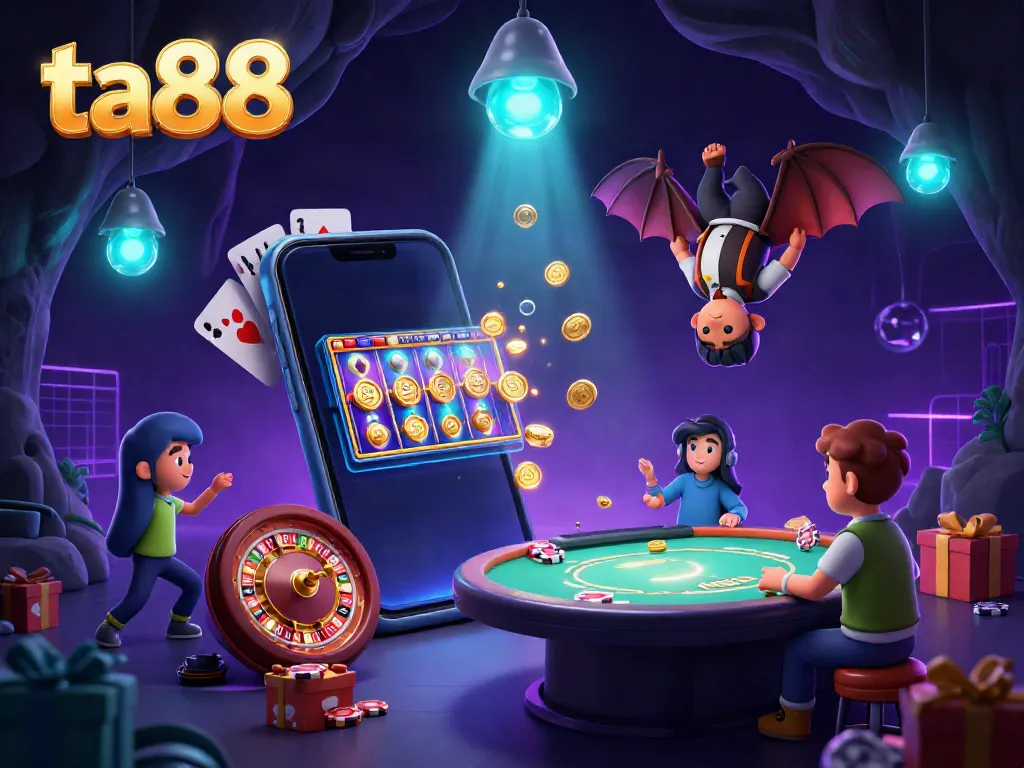 Experience the excitement at ta88's vibrant cave casino, illuminated by glowing fluttering creatures and a bat dealer overseeing thrilling games.