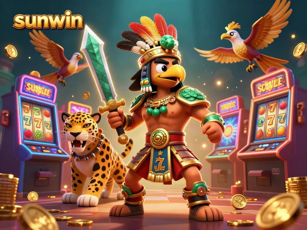 Experience sunwin's thrilling casino atmosphere with Aztec-inspired warriors amidst colorful slots and gold coins.