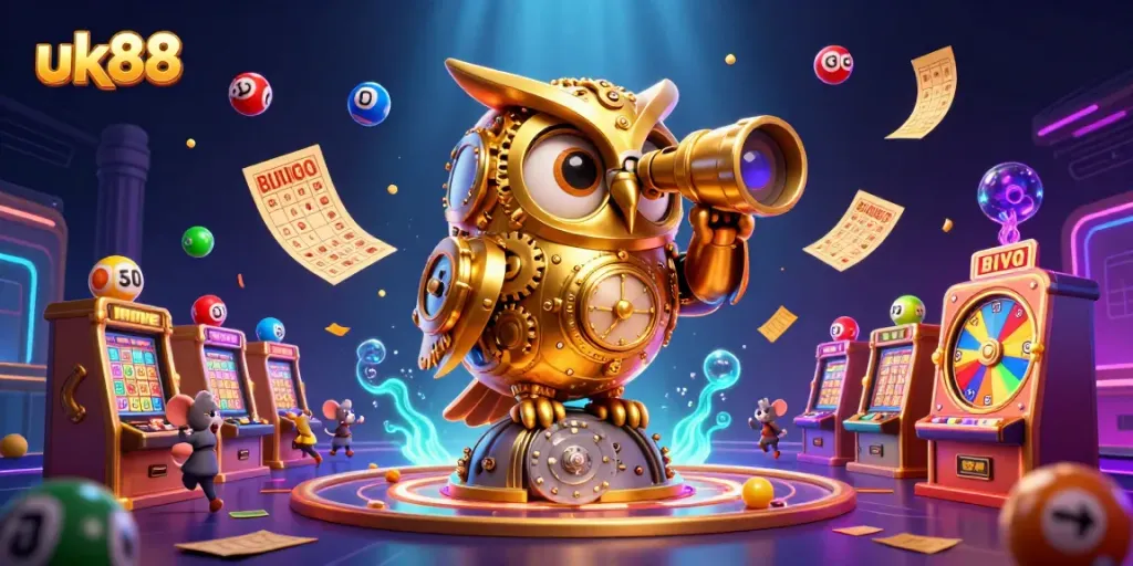 Engage with uk88's vibrant casino atmosphere, featuring a whimsical owl overseeing a lively game scene.