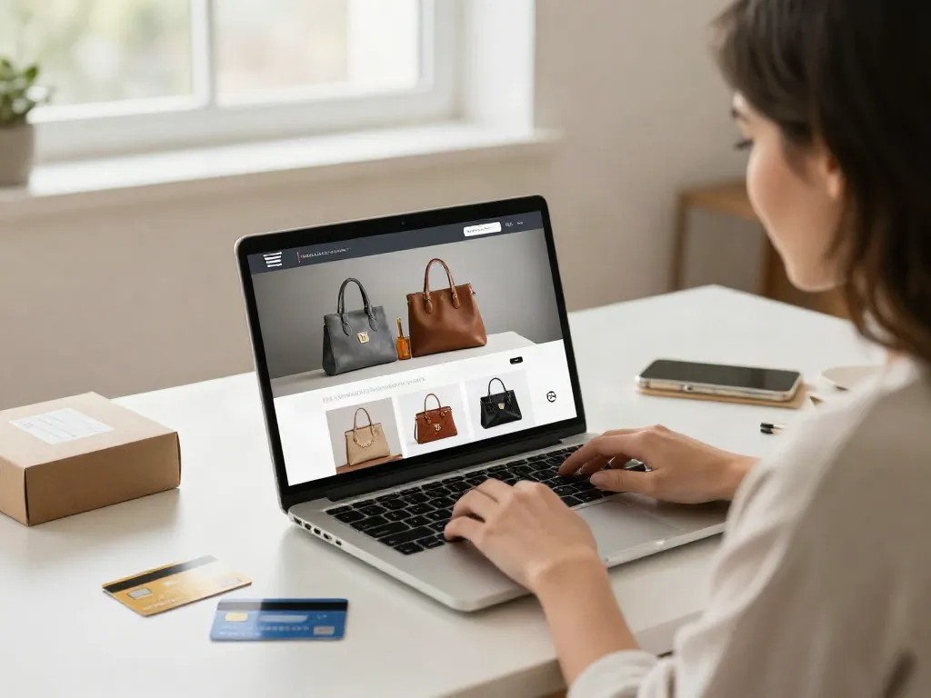 Premium replica bags on an online shopping website, showcasing e-commerce excitement and convenience.