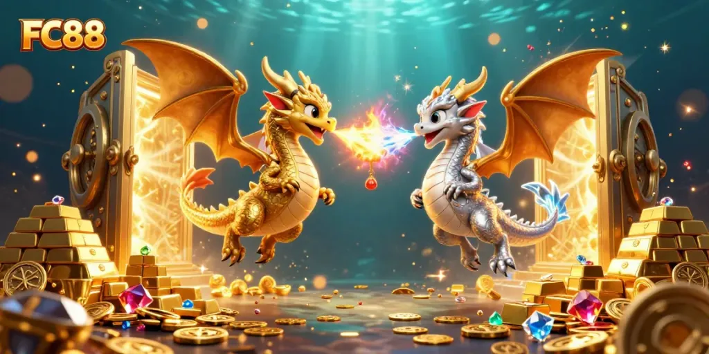 Experience exciting gameplay at FC88 with dynamic cartoon dragons, gold treasures, and vivid casino elements.