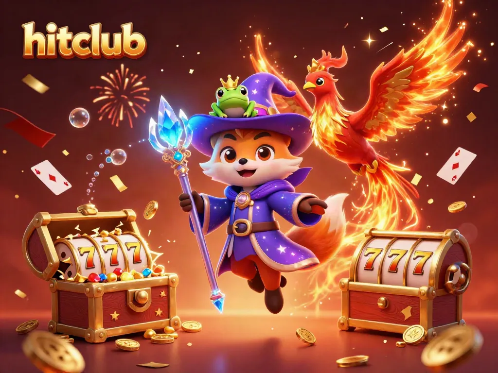Engage in the excitement of hitclub with a mystical wizard fox and a fiery phoenix amidst casino elements.