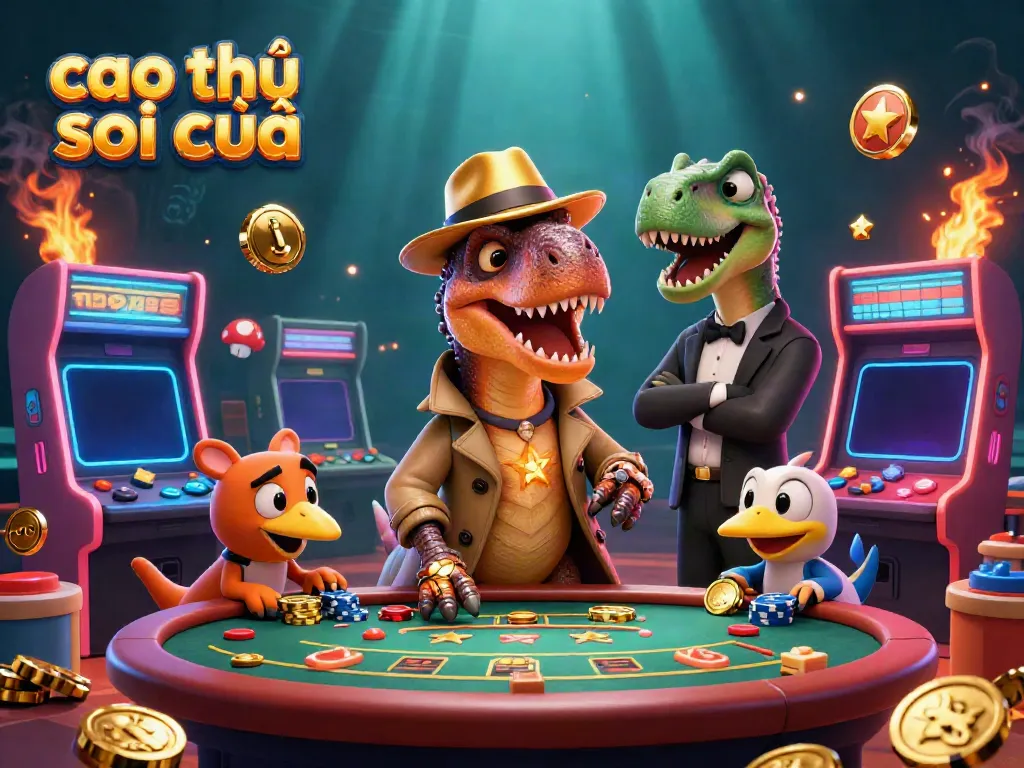 Engaging scene of cao thủ soi cầu with colorful arcade and blackjack action, cartoon dinosaurs included.