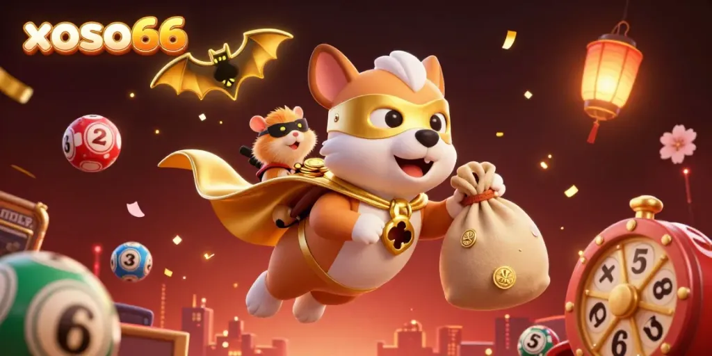 Join the excitement at xoso66 with a superhero dog and sidekick amid vibrant lottery-themed chaos!