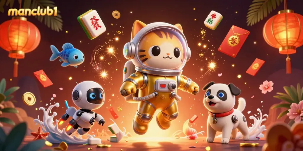 Experience thrilling gaming with manclub1 as exciting characters float through a vibrant casino scene.