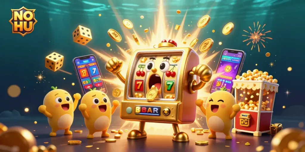 Hit the jackpot with NO HU as vibrant slot machines celebrate in a colorful casino.