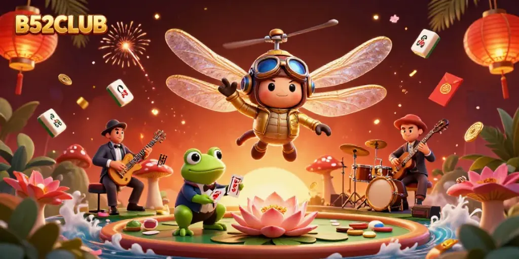 B52CLUB engaging casino scene with a dragonfly pilot, frog croupier, and jazz musicians.