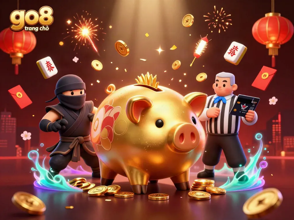 Experience the excitement of go8 trang chủ with a gambling-themed dynamic illustration featuring engaging characters.