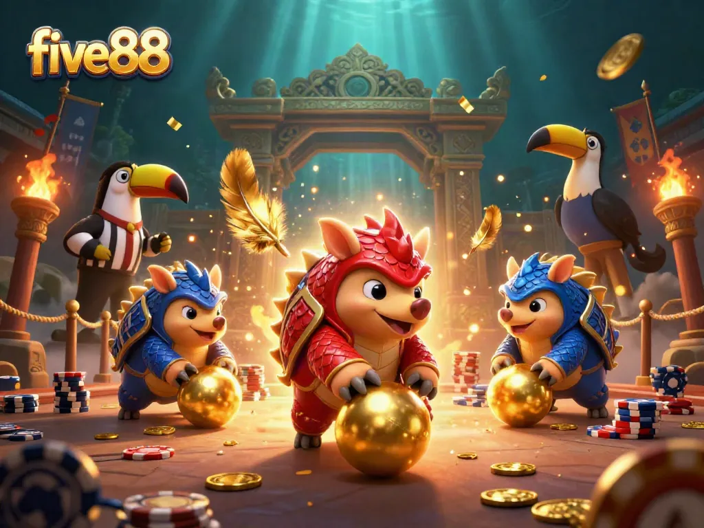 five88 pangolins compete in an exciting casino game with vibrant poker chips and golden confetti