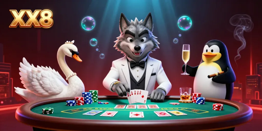 Experience thrilling baccarat action with XX8's debonair wolf, elegant swan, and sophisticated penguin in this vibrant casino scene.