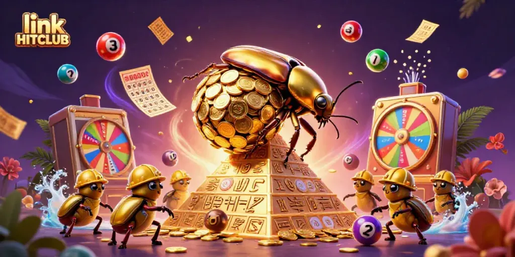 Experience fun with link HITCLUB in this vibrant 3D casino scene featuring golden elements and colorful lottery themes.