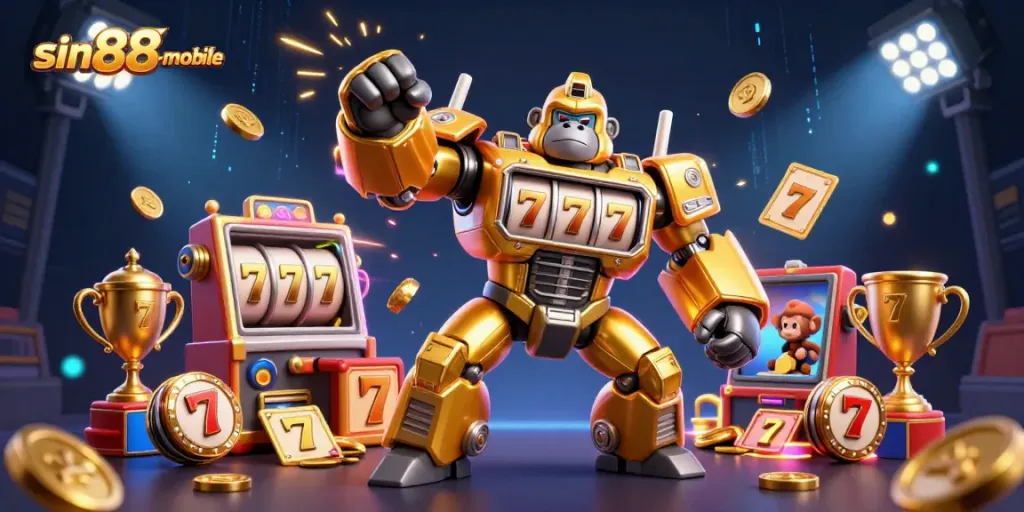 Experience exciting gameplay with sin88-mobile's dynamic golden gorilla mech and slot machine elements.